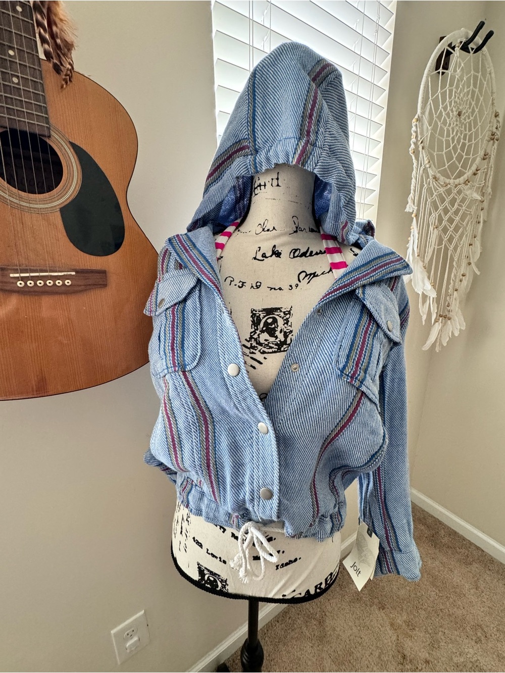 Beach Striped Hooded 3/4 sleeve jacket in Light Blue